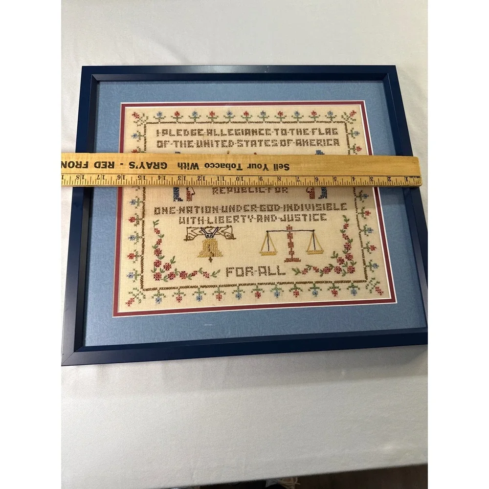 Pledge of Allegiance Cross Stitch Framed Americana Folk Art Flag 16x19